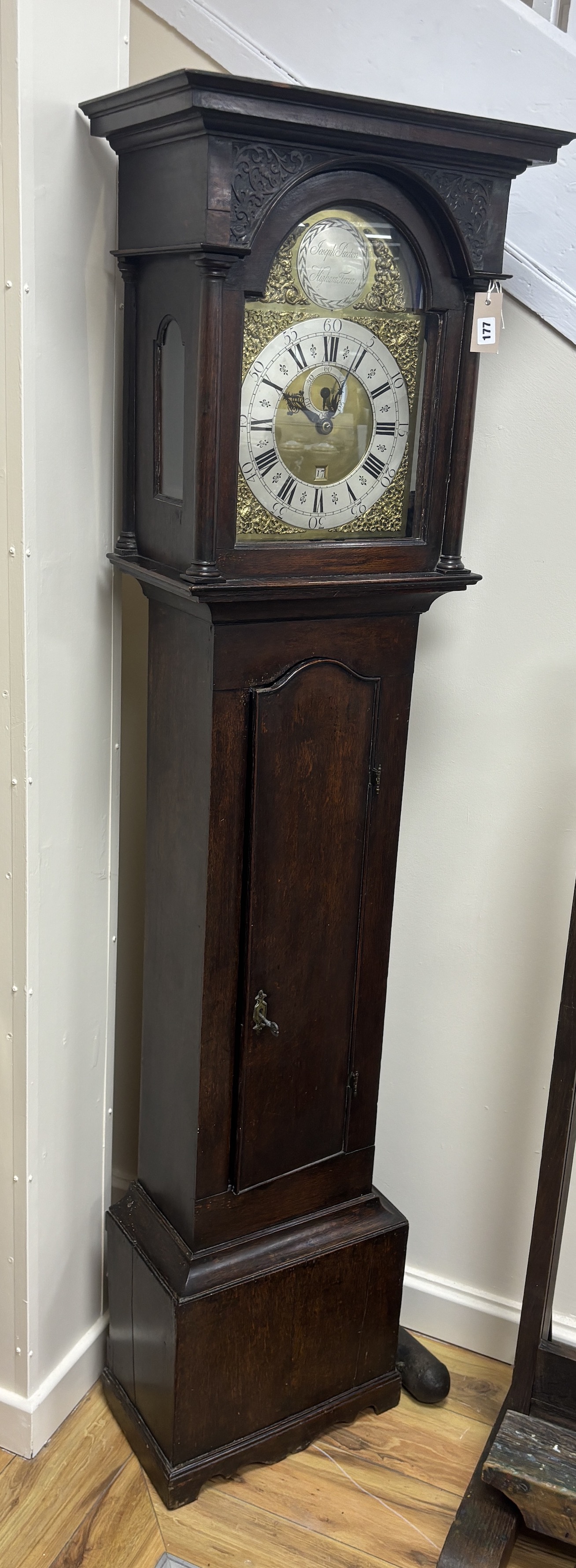 A George III oak thirty hour longcase clock by Joseph Paxton, Higham Ferrers, height 191cm